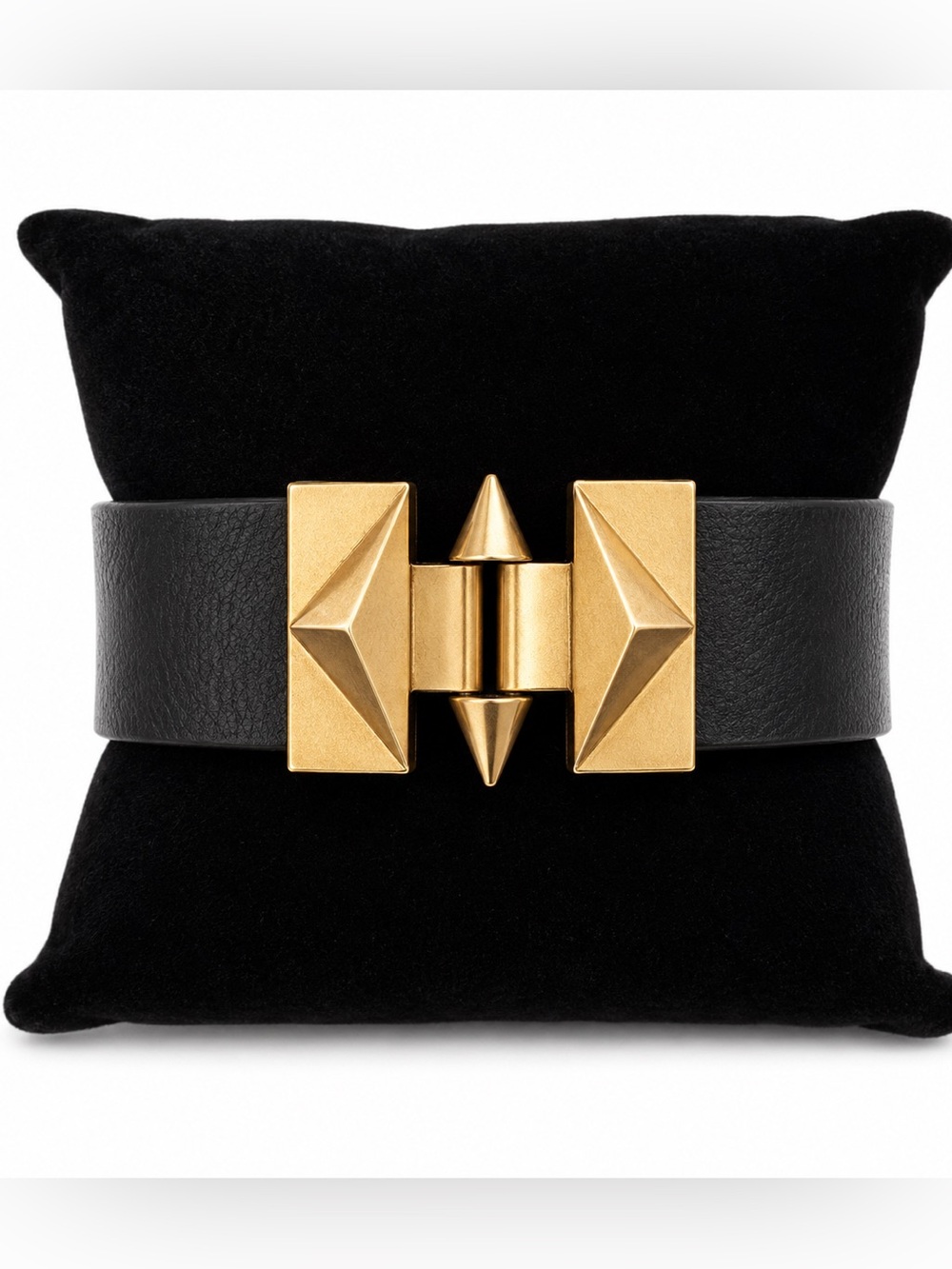 NEW - Bold Black Leather Magnetic Cuff Bracelet w Gold Geometric Pyramid Studs - Picture 2 of 4